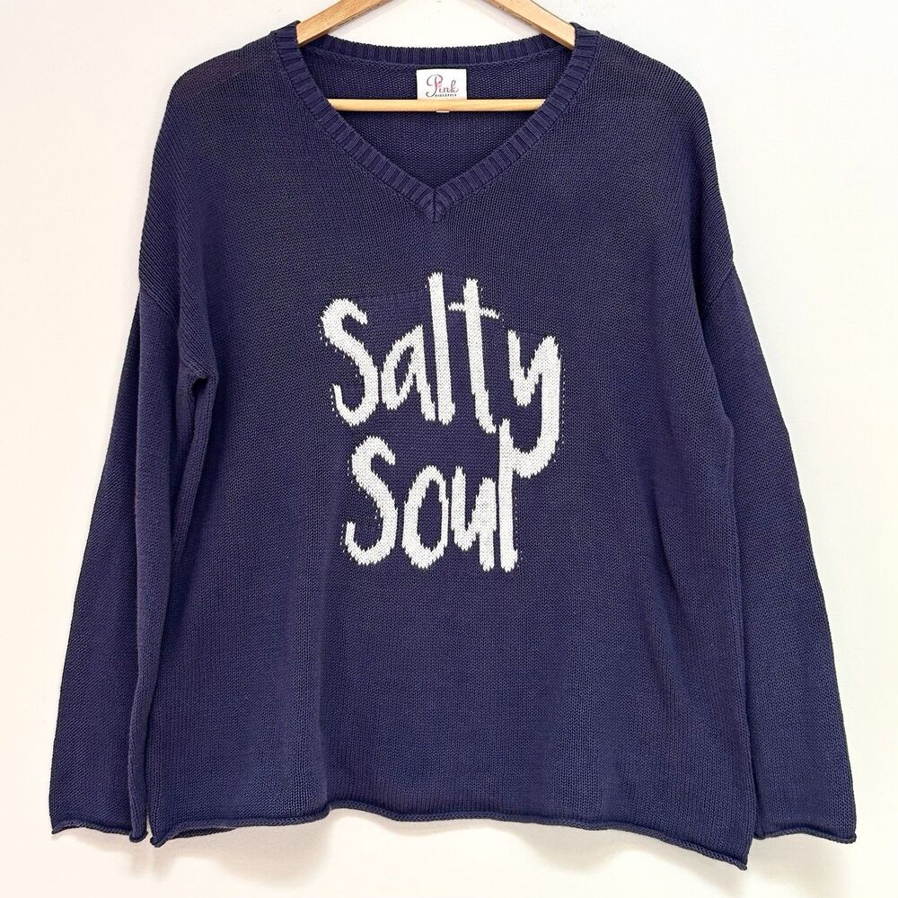 Pink Pineapple Salty Soul Sweater Womens Purple V Neck Cotton Knit Pullover